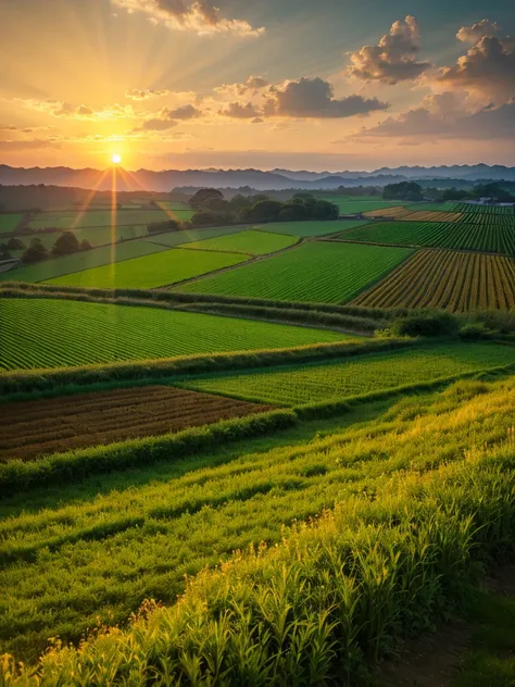 The sun sets over the peaceful countryside, Golden light illuminates the fields、It shows hard work and a connection to the land.: rural life:0.9, Sunset landscape:0.8, Farmer&#39;s dedication:0.7, Links to agriculture:0.6., Picture book illustrations :1.7,...