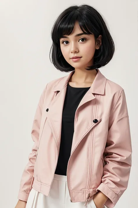 Young girl on a white background with short black hair at shoulder length. With light pink jacket and black blouse. Hands holding some hooks Cartoon style 