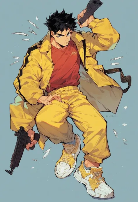 adult man, black hair, red shirt,solo, yellow jacket, yellow pants, yellow sneakers, gun on his waist
