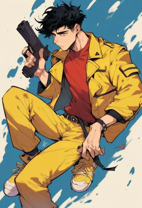 adult man, black hair, red shirt,solo, yellow jacket, yellow pants, yellow sneakers, gun on his waist
