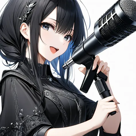 (((White background:1.2)))、(masterpiece、Ultra HD、high quality、４K)、(Scandinavian gothic metal girl holding a microphone and singing with her mouth open), Highly detailed eyes, Detailed hand and fingers、Long black hair、Stylish clothing,Shorts、Dynamic pose、(p...