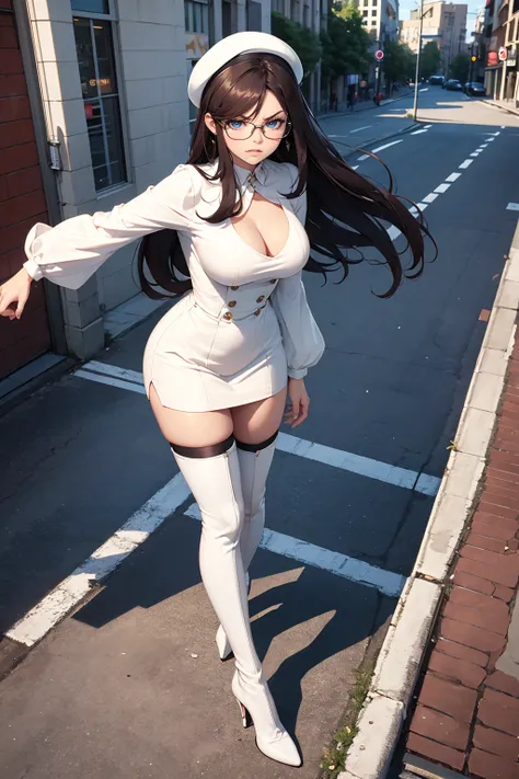 Best quality, Masterpiece, white thighboots, short dress , beret, glasses, long brunette hair, medium breasts, full body, city, high heels boots, (angry), 45 angle