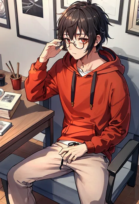 1.5, best quality, high quality, High definition, High quality texture, high detail, beautiful detailed, finely detailed, extremely detailed cg, detailed texture, 1man, boy, male, ((casual)), loose clothing, hoodie, sweatpants, round glasses, black hair, s...