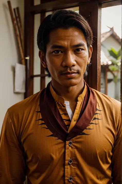 man wearing traditional Indonesian clothes, with a half tiger face