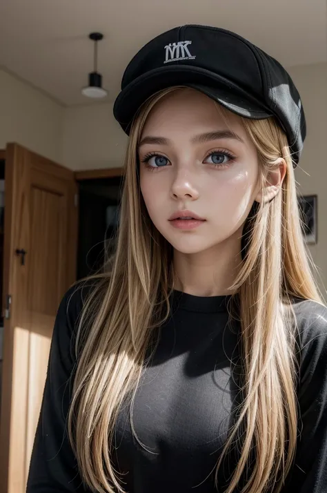 Create the photo of a brown blonde girl in a room, the girl dressed in black with a cap on, photo taken with a professional camera, high realism