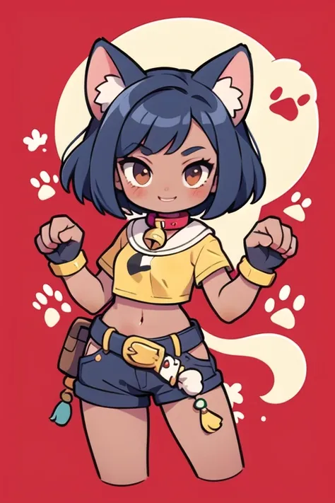 (masterpiece, best quality:1.2), solo, 1girl, sgmsfortune, dark skin, dark-skinned female, smile, looking at viewer, paw pose, bob cut, crop top, fingerless gloves, collar, bell, belt, pouch, cat tail desnuda