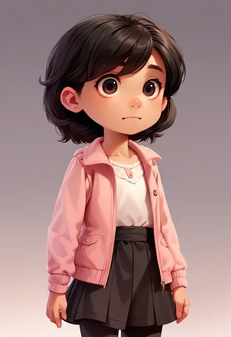 Young girl on a white background with short black hair at shoulder length. With light pink jacket and black blouse. Holding hooks in your hands