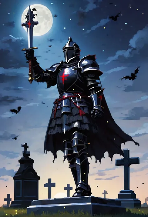 gothic black knight injured laying and raising his arm to the night sky in a cemetery battle
