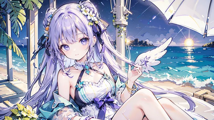 She has long lavender hair with an orange and green flower ornament and a star-shaped clip. Her eyes are bright green, and she has a cheerful expression. She is wears a swimsuit with white and purple elements, blue bows, and frilly edges. Accessories inclu...