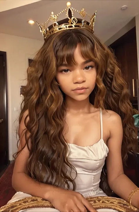 black queen with daughter, queen like Zendaya, (zendaya adulte with daughter), curly hair, African queen with long curly hair, daughter has blond curly hair, cute hairstyle, sheer luxury dress, queen crowned, princess crowned, risqué, sensual
