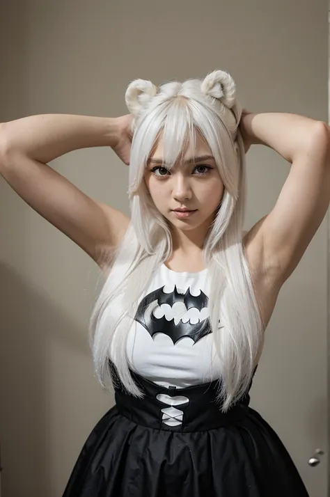 Gadis anime rambut flufy white pakaian Batman tas bear