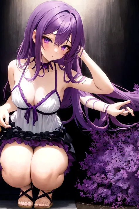 anime girl in purple lingerie with purple hair and purple panties, seductive anime girl, beautiful anime girl squatting, smooth anime cg art, the anime girl is crouching, beautiful alluring anime teen, loli in dress, beautiful alluring anime woman, reveali...