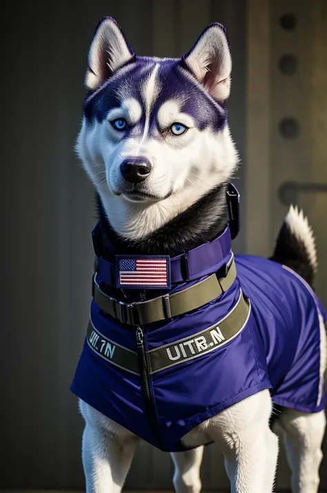 a husky dog wearing a us military suit and rgb background