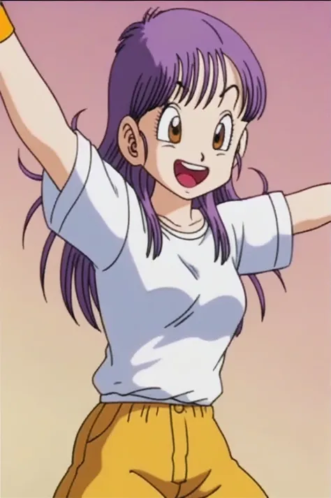 sauce_anime, score_9, score_8_superior, score_7_superior, anime screencap, Bloomers (Dragon Ball), One girl, alone, View your viewers, smile, Open your mouth, Brown eyes, Field, Outstretched Hand, superiorから, Baggy pants, Outstretched arms, Long shirt, Sho...