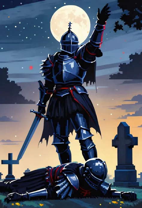 gothic black knight injured laying and raising his arm to the night sky in a cemetery and a battle
