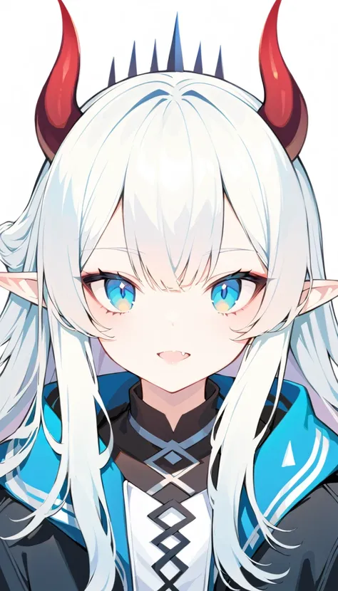 an illustration of someone with horns has a large spike on the side of her head, 1girl, solo, horns, blue eyes, looking at viewer, white hair, fang, pointy ears, long hair