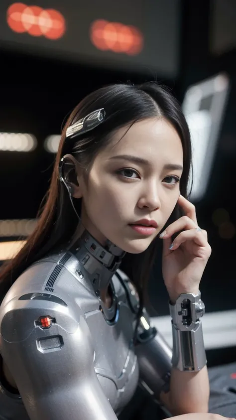 (cyborg:1.5), jumpsuit, (cyberpunk:1.4) ,(photorealistic:1.4), (best quality:1.0), (ultra highres:1.0), 8k, RAW photo, (masterpiece:0.2), ultra-detailed, 1girl, pale skin, detailed skin, looking at viewer, portrait, from side