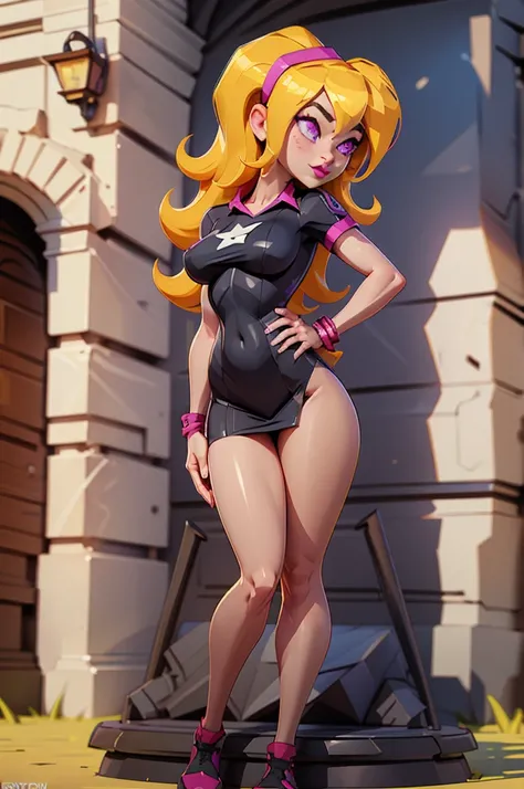 yellow hair, black dress, freckles, lipstick, big , purple eyes, Lucy Mann, big ass, seductive pose, solo, tight outfit, masterpiece, high quality, humanoid, ultra 4k