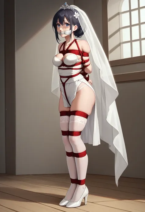 (highly detailed cg unity 8k), (highest quality)，(very detailed)，(ultra high resolution), 1 female, (white cloth gag:1.4), rope ...