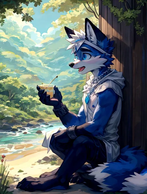 teenanger,solo,freshmen,young people,white hair, nipples，fox, blue eyes, masterpiece, bright blue fur, clean face, (blue necklace), thick eyebrows, detailed eyes, anthro, claw, (white headband),white hands,white feet,white cape，outdoor,open mouth,side view...