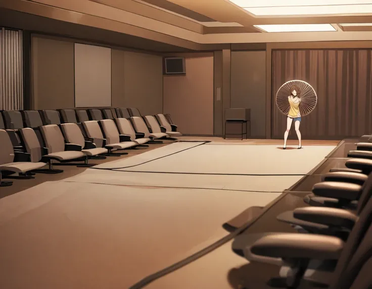 A woman with long brown hair is cooling off in front of a fan in an empty conference room with her shirt open.