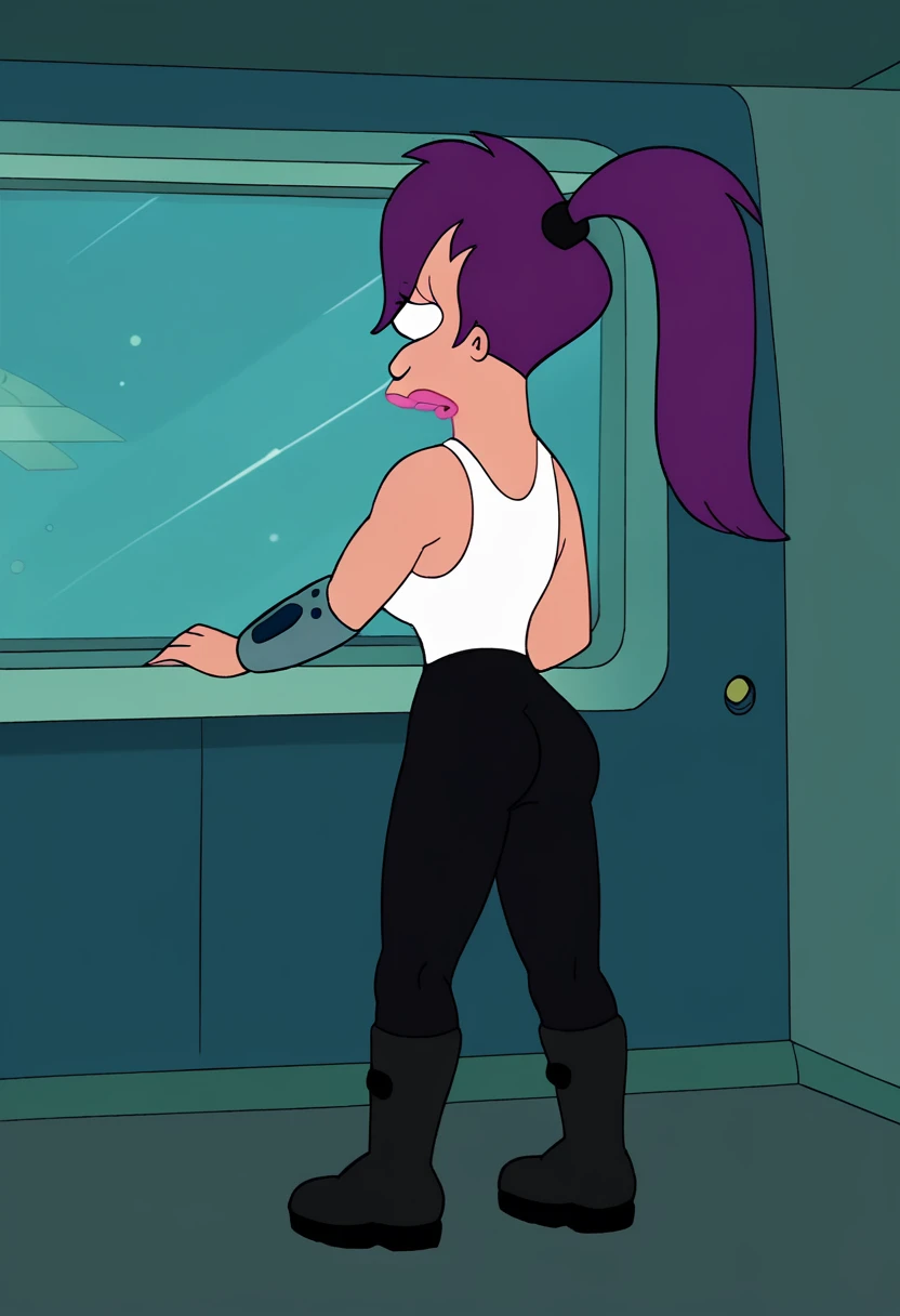 score_9, score_8_up, score_7_up, zPDXL, Leela, purple hair, one-eyed, cyclops, circle eyes, overbite, dot pupil, source_cartoon, futuramastyle, 1girl, solo, long hair, ponytail, makeup, parody, lipstick, interior spacecraftfull body, in space ship, by capt...