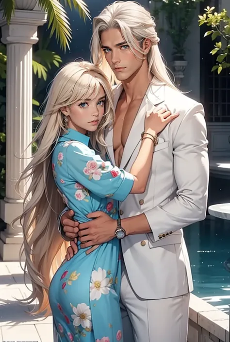 Tall, handsome, athletic, masculine, statuesque, young man-platinum blonde with blue eyes, he has tanned skin, long straight platinum hair, long bangs, he is wearing an expensive brand suit, he hugs an incredibly beautiful young femme fatale blonde with lo...