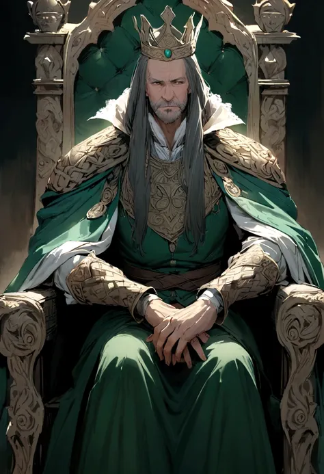 An old king sitting on his throne, mentally tormented、Celtic legends、Shakespeare&#39;s storybook world、