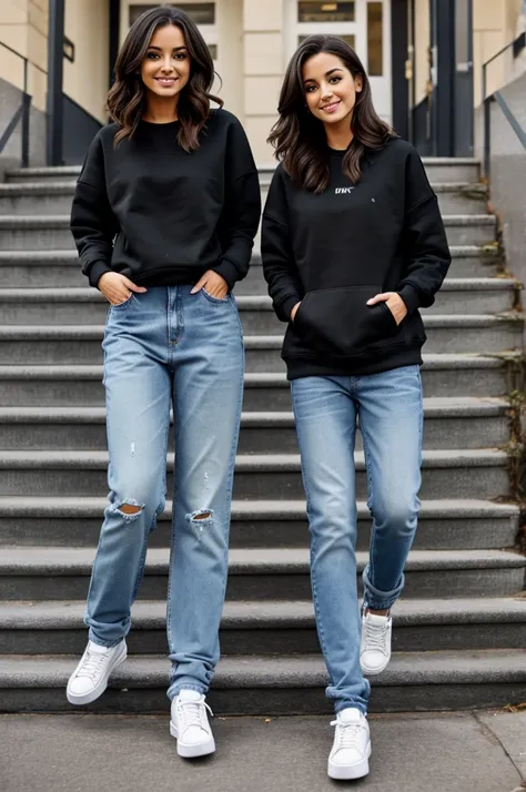  jeans, sweatshirt and black high tops
