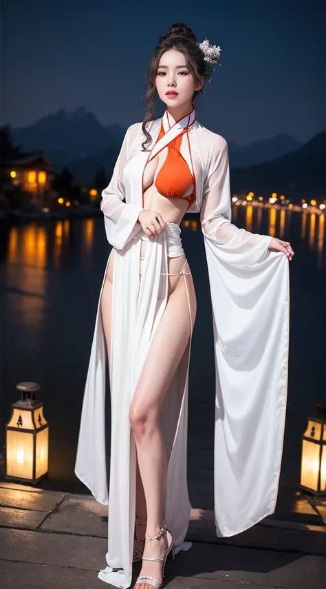 best quality, masterpiece, high resolution,, 1 Girl, Delicate face, whole body, Network City, Mountains and rivers, night, Firefly Lights, Practical, Rich in details, (White Hanfu:1.2), (Beautiful Body:1.4),