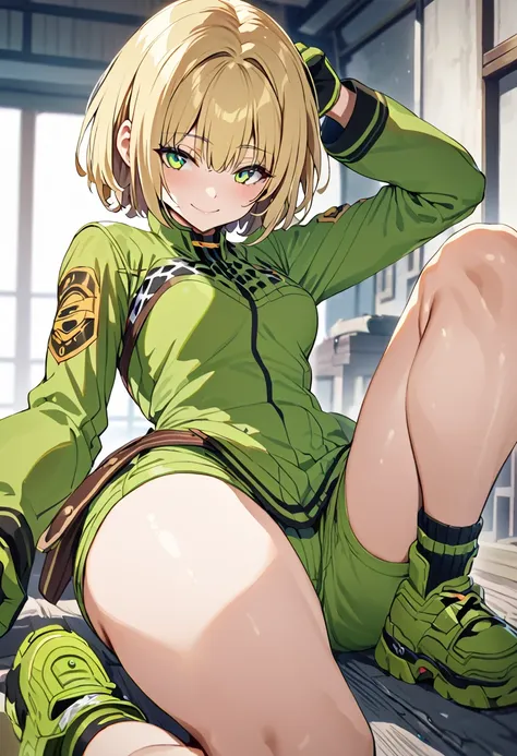 ,One girl,smile, View your viewers,  masterpiece,Highest quality,Konam,green jacket, gloves, green shorts,green footwear,blond hair,(cyclone (for once))