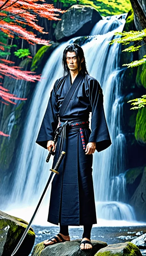 1man standing, (draws Japanese sword from sheath at waist), (bluish black samurai kimono) (black hakama), adult male, long hair, /(black hair/) bangs, cool expression, (serious:0.5) , dignified, (best quality masterpiece :1.2) ultra-detailed fine illustrat...