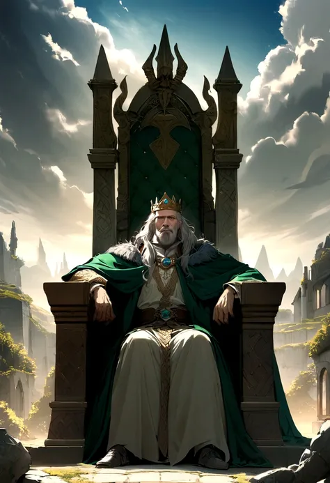 An old king sitting on his throne, mentally tormented、Celtic legends、Shakespeare&#39;s storybook world、