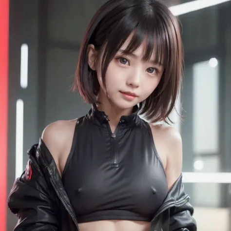 (((Beautiful girl small breasts))),Wearing a black jacket、Cyberpunk Red Green Background、(((Nipple protrusion))),smile,,、Round face,Big eyes, Round eyes、No makeup、Sweaty