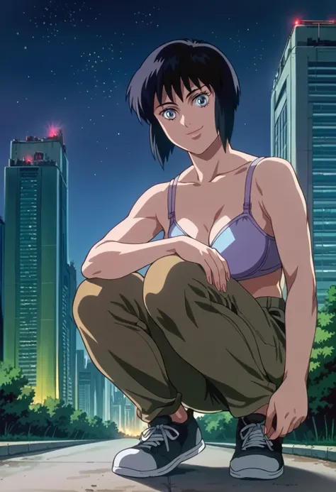 score_9, score_8_up, score_7_up, zPDXL,source_anime, ghostintheshellstyle, retro anime, 1girl, building, outdoors, black hair, cityscape, sky, short hair, scenery, pants, night, dark, stars, looking at viewer, smile, squatting, from below, bra,