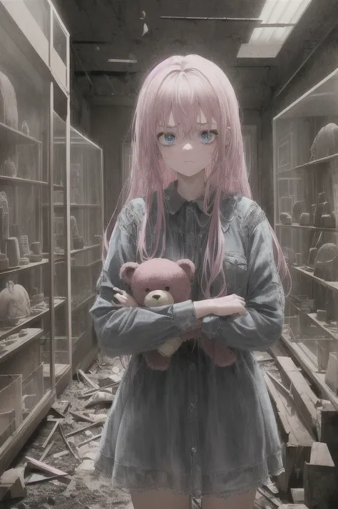 1girl, pink hair, blue eyes, (cowboy_shot:1.2), face focus, long hair, sidelocks, scared,(terrified:1.1) expression, holding teddy bear, atmospheric lighting, moody, darkness, in an old abandoned museum, transparent glass display cases filled with interest...