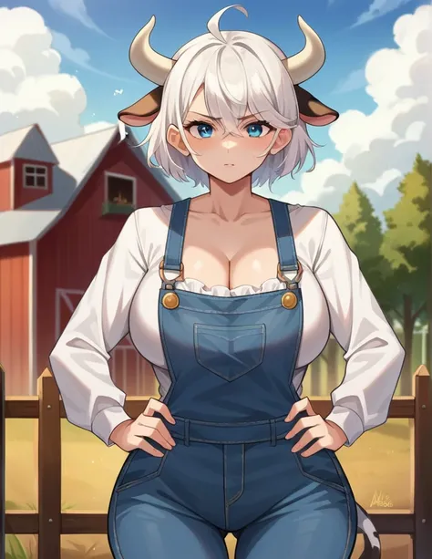 score_9, score_8_up, score_7_up, source_anime,
cowgirl, cow girl, ahoge, white hair, ice blue eyes, short hair, contempt look on face,
cleavage, collarbone, frills, long sleeves, overalls, suspenders,large breasts, wide hips, milf,
outdoors, farm, cows, in...