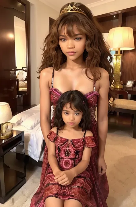 black queen with daughter, queen like Zendaya, (zendaya adulte with daughter), curly hair, African queen with long curly hair, daughter has blond curly hair, cute hairstyle, sheer luxury dress, queen crowned, princess crowned, risqué, sensual
