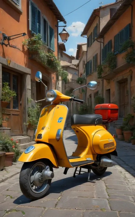 Scooter, piaggio, vespa, road, village by Richard Scarry, (best quality, masterpiece, Representative work, official art, Professional, Ultra intricate detailed, 8k:1.3) 