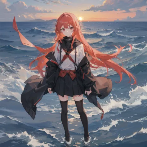 ocean, cloud, horizon, sunset, water, cloudy_sky, sky, thighhighs, 1girl, solo, cityscape, outdoors, red_eyes, twilight, gradient_sky, orange_sky, black_legwear, beach, long_hair, river, skirt, pier, shore, waves, mountainous_horizon, jacket, boat, watercr...