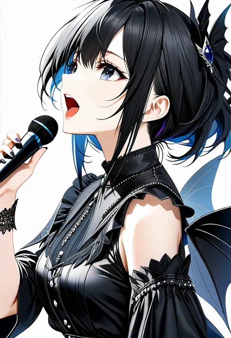 (((White background:1.2)))、(masterpiece、Ultra HD、high quality、４K)、(Scandinavian gothic metal girl holding a microphone and singing with her mouth open), (((very wide shot:1.2))),Highly detailed eyes, Detailed hand and fingers、Long black hair、Black Gothic D...