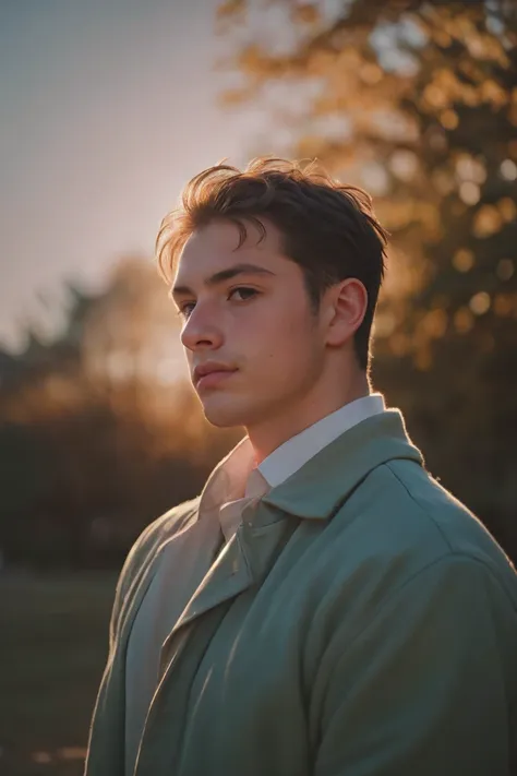 portrait of handsome man, front,small,shooting with a leica, shadow play, gorgeous lighting, subtle pastel colors, outdoor ,alon...