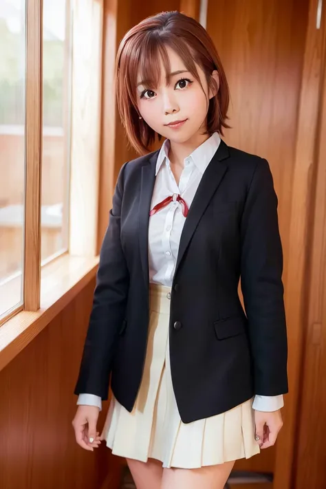 Highest quality, masterpiece, High resolution, One girl, Yuigahama Yui, , Knitted Skirt, short hair, Red ribbon, White shirt, Black jacket, Are standing, smile, Education