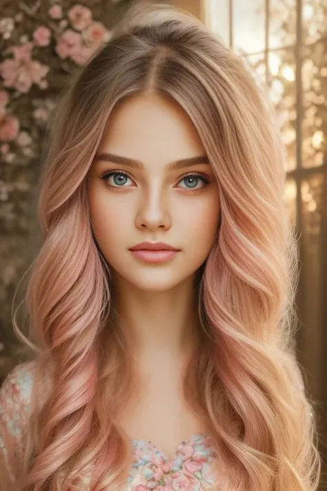 a girly girl, cute girl, 1girl, beautiful detailed eyes, beautiful detailed lips, extremely detailed eyes and face, long eyelashes, long flowing hair, adorable, pink dress, floral patterns, petals, fairy tale, fantasy, ethereal, glowing, golden hour lighti...