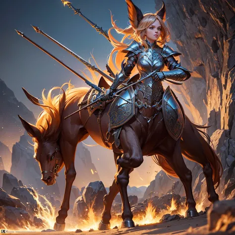 cute girl centaur,fantasy,highly detailed,armor,shield,mace,dynamic pose,cinematic lighting,vibrant colors,intricate details,digital painting,concept art style,unreal engine,hyper realistic,8k,best quality