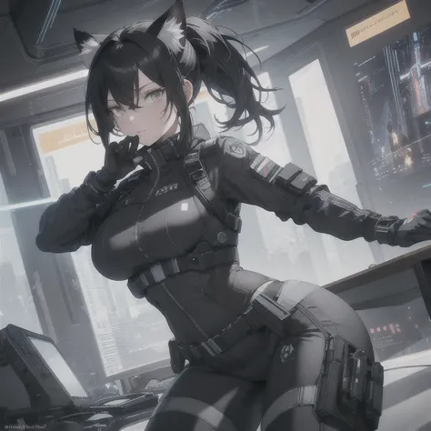 Absurd resolution, high resolution, (masterpiece: 1.4), hyper-detail, fullbody image, solo, 1 kemono feline cat woman, black hair, messy ponytail, cute face, detailed soft grey eyes, extremely large bust, huge hyper super breasts, wide full hips, narrower ...