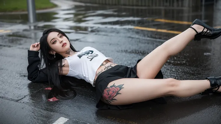 Bad girl with tattoos in short skirt lying on the ground in the rain