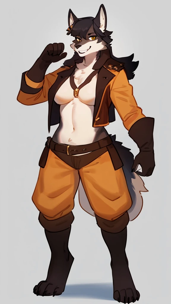 By bebebebebe, by lostgoose, by goonie-san, solo, standing, female, wolf,dragon, fuerte,sexy, hair long, blak, smiling, happy,pirate full body
