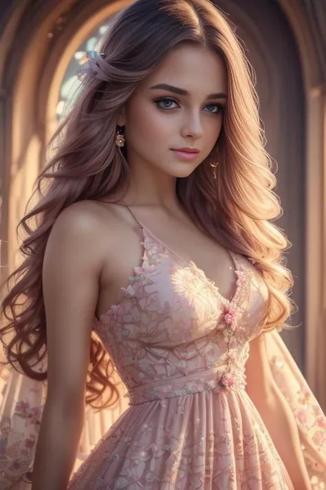 a girly girl, cute girl, 1girl, beautiful detailed eyes, beautiful detailed lips, extremely detailed eyes and face, long eyelashes, long flowing hair, adorable, pink dress, floral patterns, petals, fairy tale, fantasy, ethereal, glowing, golden hour lighti...