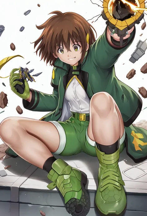 ,One girl,smile, View your viewers,  masterpiece,Highest quality,Konam,green jacket, gloves, green shorts,green footwear,brown hair,(cyclone (for once))